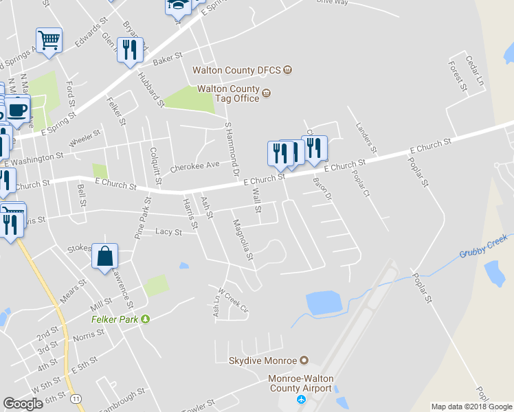 map of restaurants, bars, coffee shops, grocery stores, and more near 414 Wall Street in Monroe