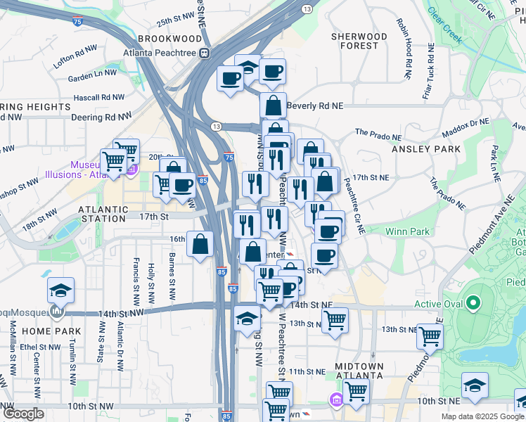 map of restaurants, bars, coffee shops, grocery stores, and more near 1331 Spring Street Northwest in Atlanta