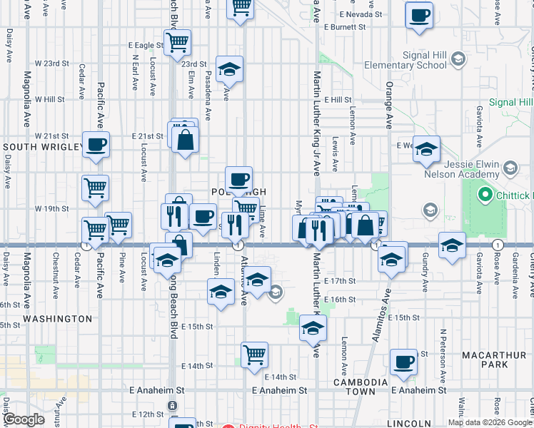 map of restaurants, bars, coffee shops, grocery stores, and more near 1886 Lime Avenue in Long Beach