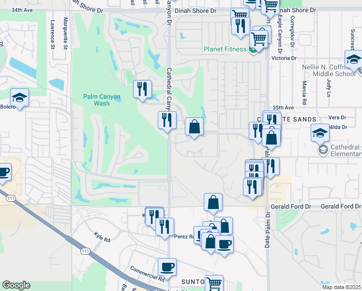 map of restaurants, bars, coffee shops, grocery stores, and more near 35200 Cathedral Canyon Drive in Cathedral City