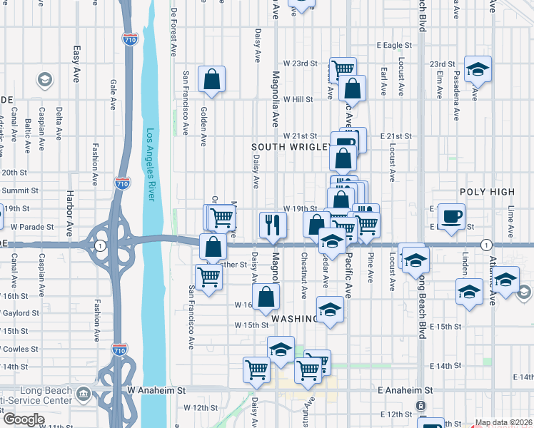 map of restaurants, bars, coffee shops, grocery stores, and more near 520 West 19th Street in Long Beach