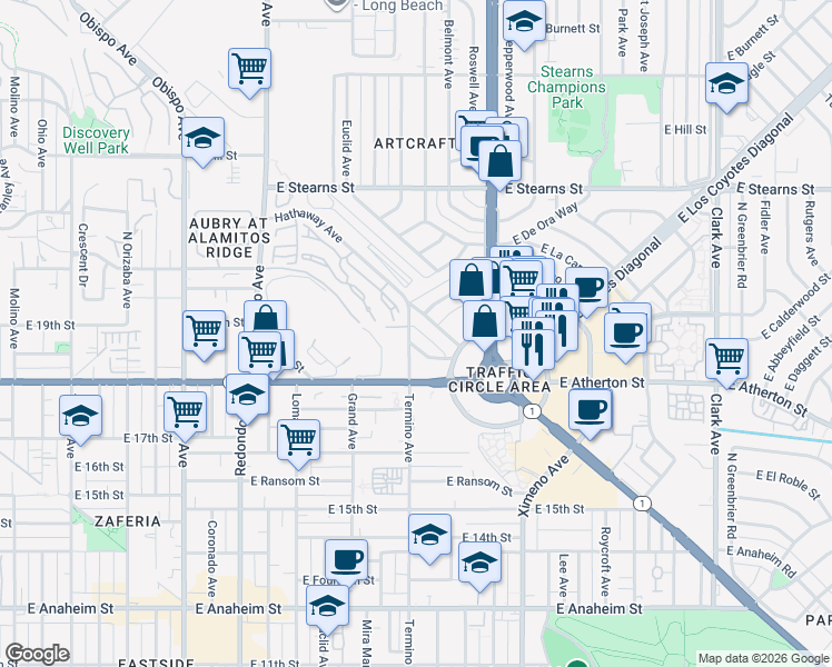 map of restaurants, bars, coffee shops, grocery stores, and more near 1880 Termino Avenue in Long Beach