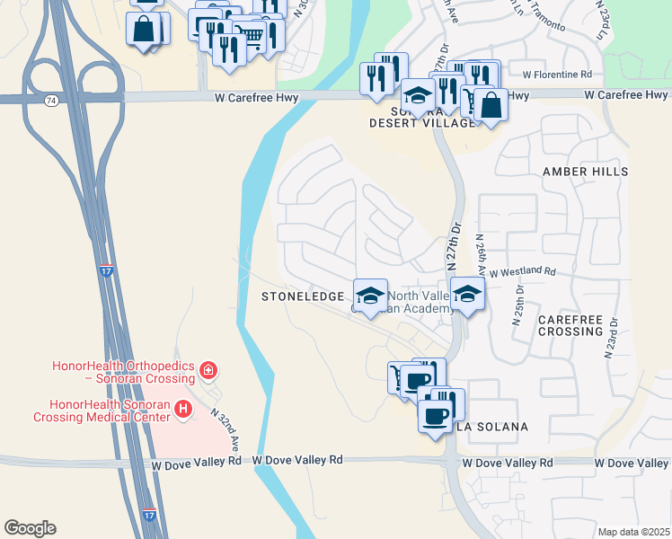 map of restaurants, bars, coffee shops, grocery stores, and more near 2951 West Thorn Tree Drive in Phoenix