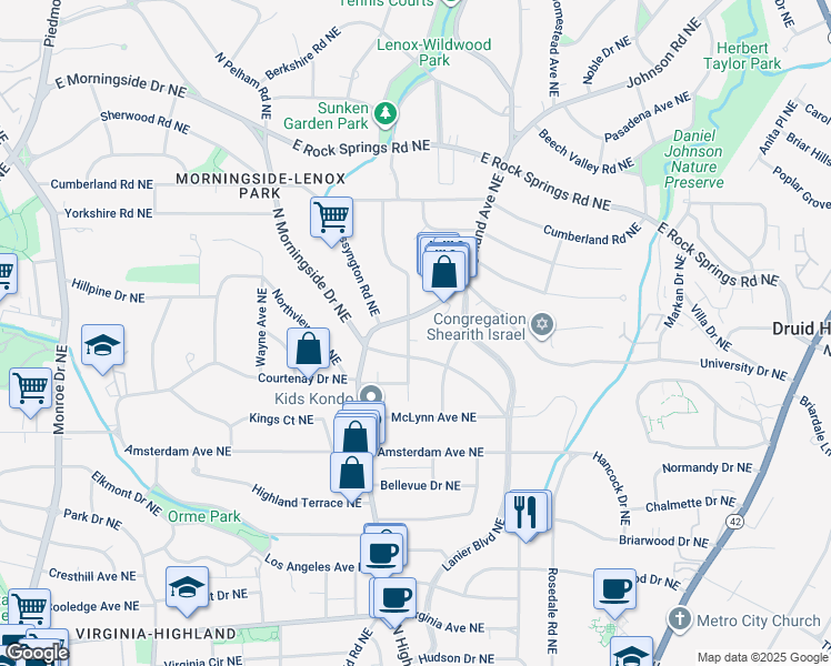 map of restaurants, bars, coffee shops, grocery stores, and more near 1343 Lanier Place Northeast in Atlanta