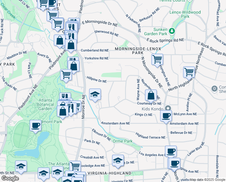 map of restaurants, bars, coffee shops, grocery stores, and more near 1349 Middlesex Avenue Northeast in Atlanta