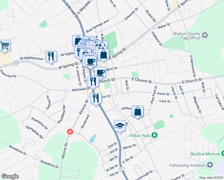 map of restaurants, bars, coffee shops, grocery stores, and more near 317 South Madison Avenue in Monroe