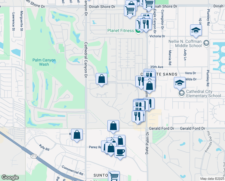 map of restaurants, bars, coffee shops, grocery stores, and more near 35200 Cathedral Canyon Drive in Cathedral City