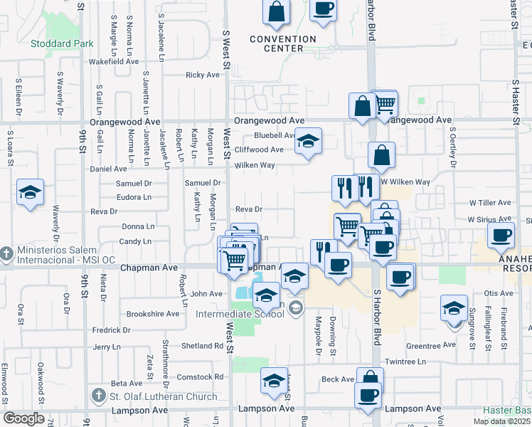 map of restaurants, bars, coffee shops, grocery stores, and more near 12122 Reva Drive in Garden Grove