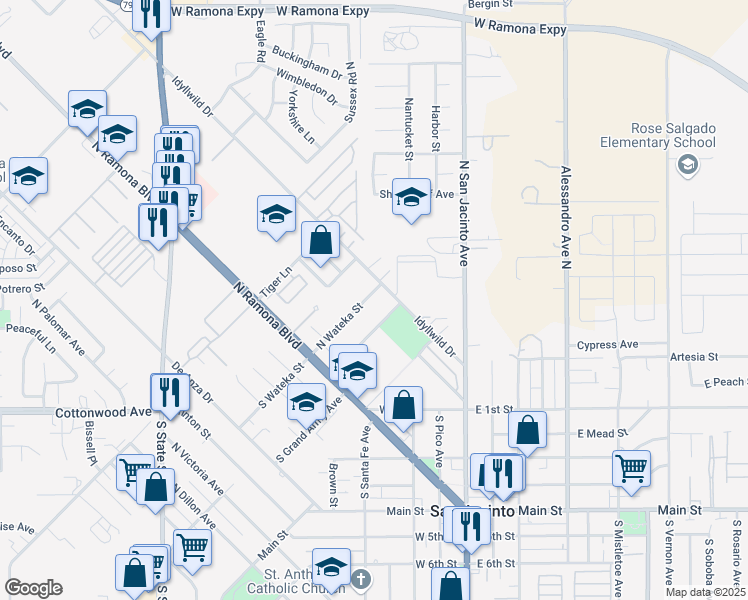 map of restaurants, bars, coffee shops, grocery stores, and more near 361 North Wateka Street in San Jacinto