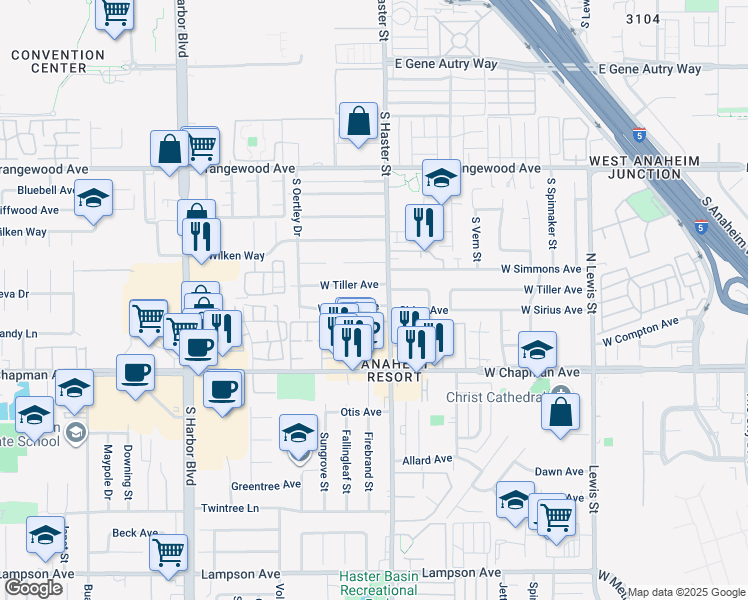map of restaurants, bars, coffee shops, grocery stores, and more near 115 West Sirius Avenue in Anaheim