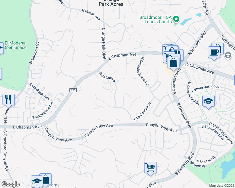 map of restaurants, bars, coffee shops, grocery stores, and more near 227 South Cll Grande in Orange