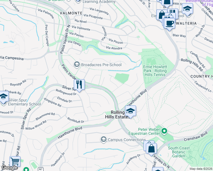 map of restaurants, bars, coffee shops, grocery stores, and more near 4609 Palos Verdes Drive North in Rolling Hills Estates