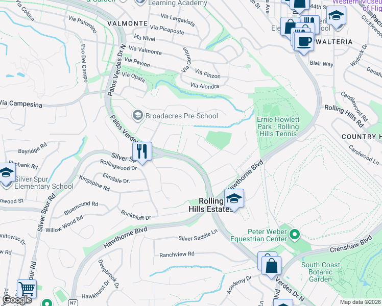 map of restaurants, bars, coffee shops, grocery stores, and more near 3 Lazy Creek Lane in Rolling Hills Estates