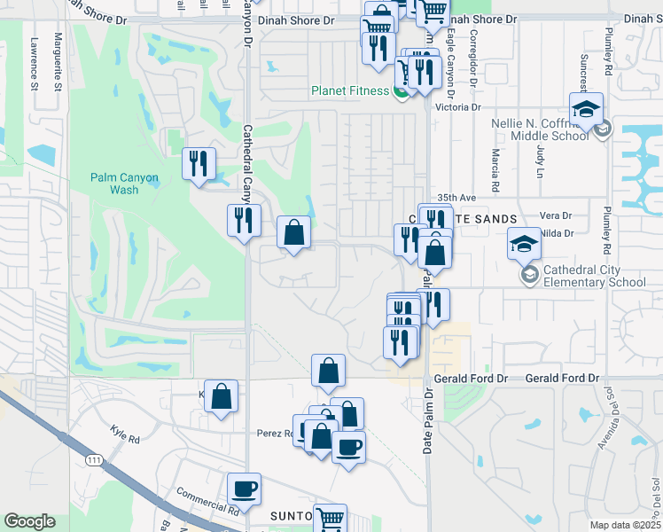 map of restaurants, bars, coffee shops, grocery stores, and more near 35200 Cathedral Canyon Drive in Cathedral City