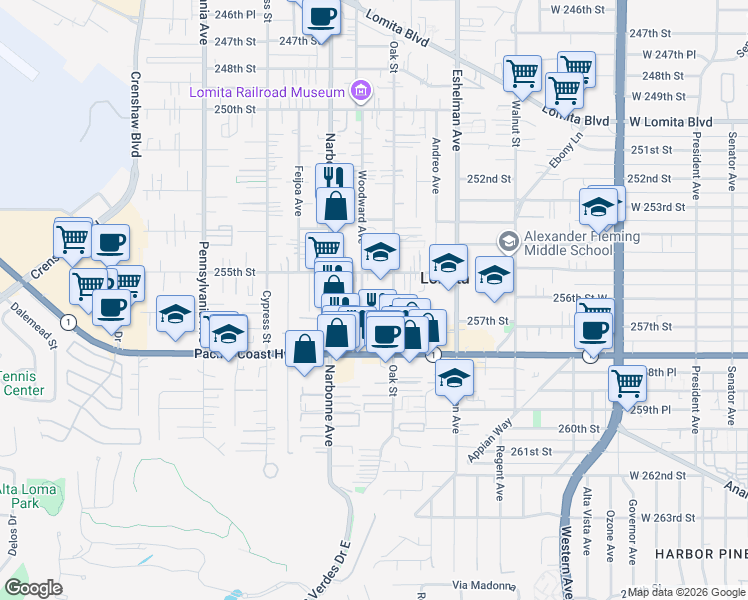 map of restaurants, bars, coffee shops, grocery stores, and more near 25514 Woodward Avenue in Lomita