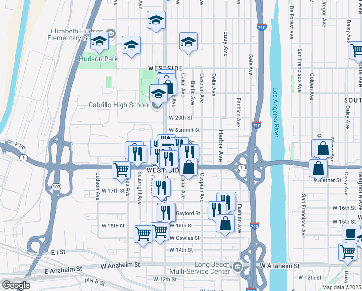 map of restaurants, bars, coffee shops, grocery stores, and more near 1891 Canal Avenue in Long Beach