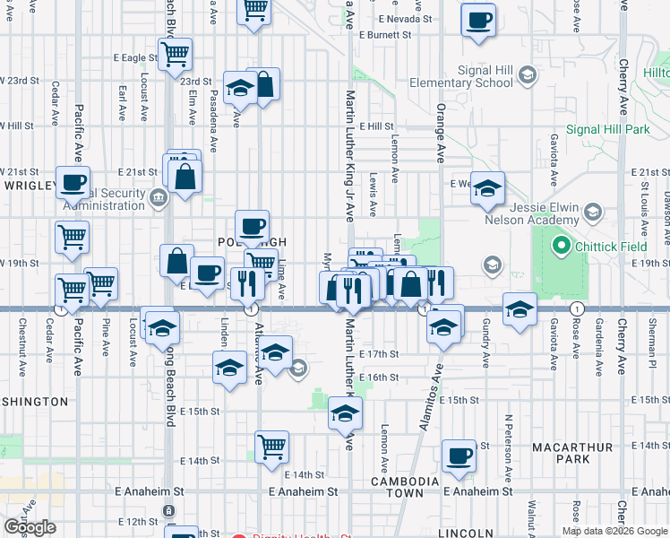 map of restaurants, bars, coffee shops, grocery stores, and more near 910 East 19th Street in Long Beach