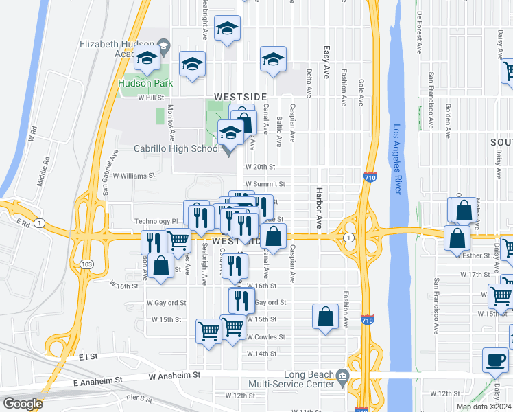 map of restaurants, bars, coffee shops, grocery stores, and more near 1624 West 19th Street in Long Beach
