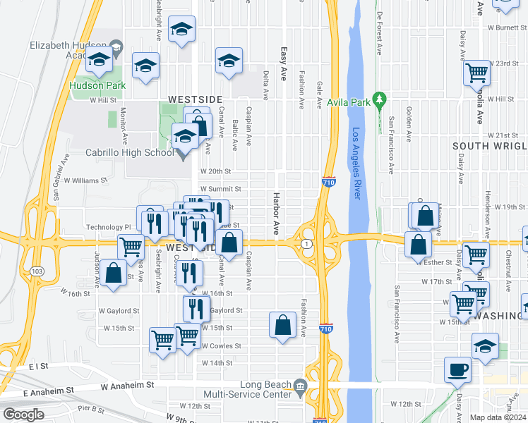 map of restaurants, bars, coffee shops, grocery stores, and more near 1430 West 19th Street in Long Beach