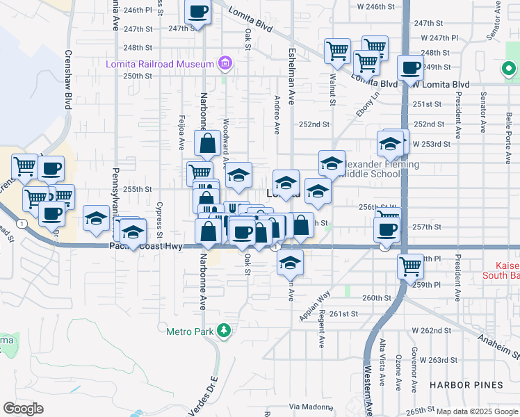 map of restaurants, bars, coffee shops, grocery stores, and more near 25512 Oak Street in Lomita