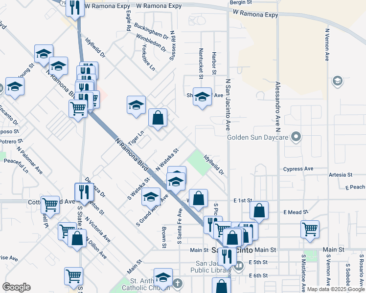 map of restaurants, bars, coffee shops, grocery stores, and more near 359 North Wateka Street in San Jacinto