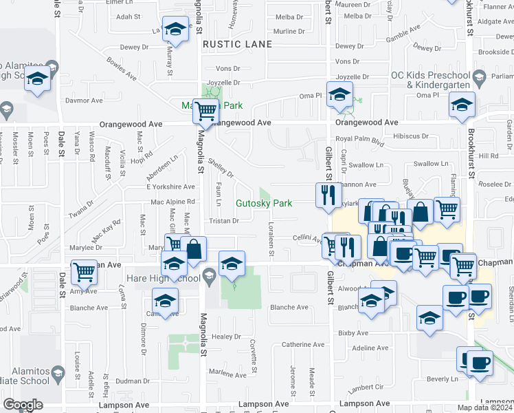 map of restaurants, bars, coffee shops, grocery stores, and more near 11782 Ardis Drive in Garden Grove