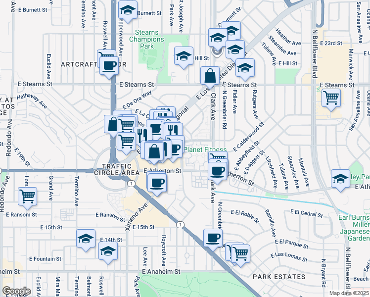 map of restaurants, bars, coffee shops, grocery stores, and more near 5050 East Garford Street in Long Beach