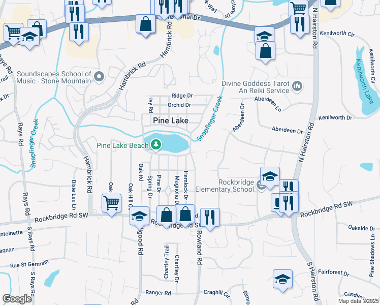 map of restaurants, bars, coffee shops, grocery stores, and more near 523 Spruce Dr in Pine Lake
