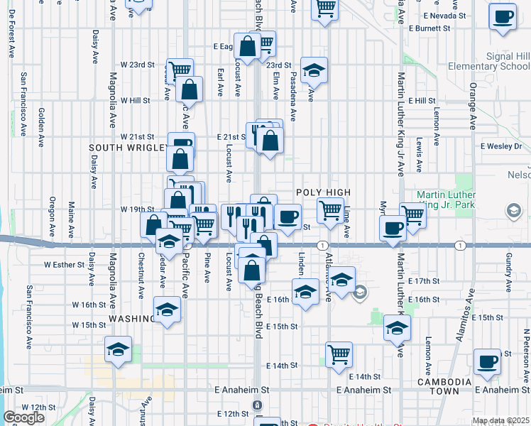 map of restaurants, bars, coffee shops, grocery stores, and more near 302 East 19th Street in Long Beach