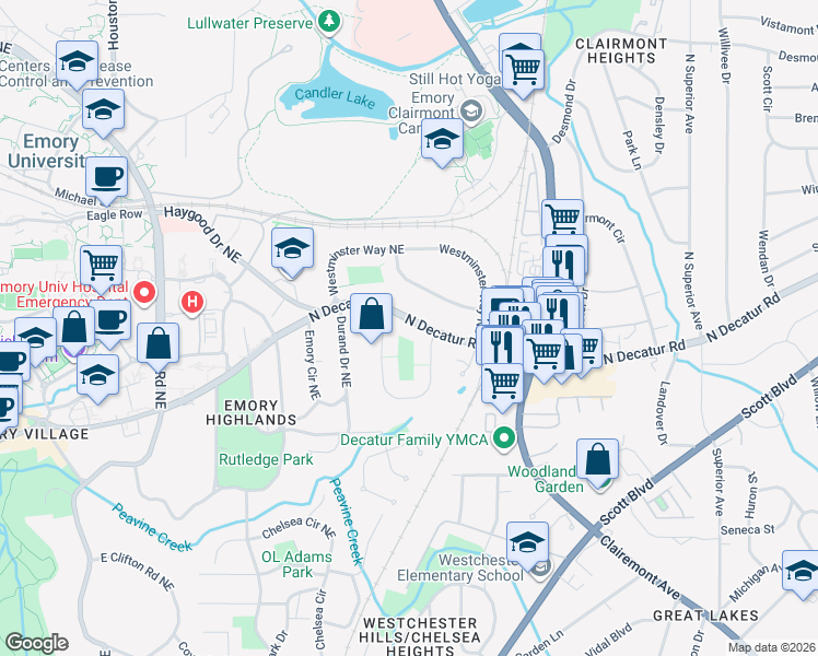 map of restaurants, bars, coffee shops, grocery stores, and more near 1982 North Decatur Road in Atlanta
