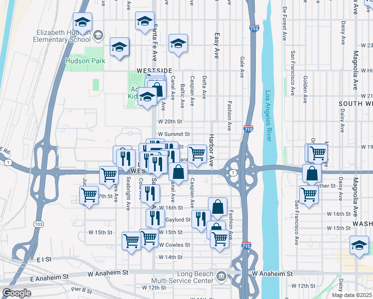 map of restaurants, bars, coffee shops, grocery stores, and more near 1518 West 19th Street in Long Beach