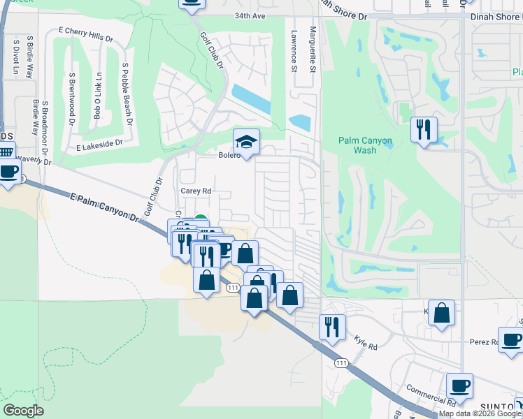 map of restaurants, bars, coffee shops, grocery stores, and more near 310 San Domingo Drive in Palm Springs