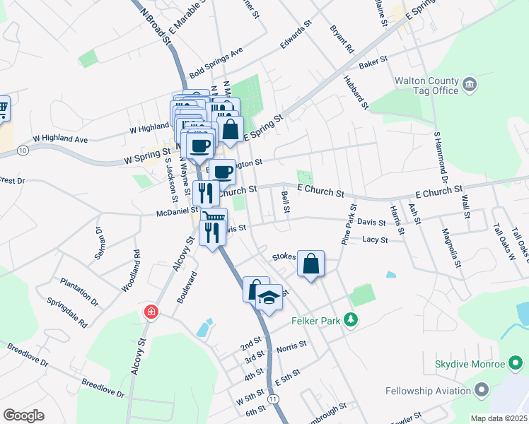 map of restaurants, bars, coffee shops, grocery stores, and more near 308 Colley Street in Monroe