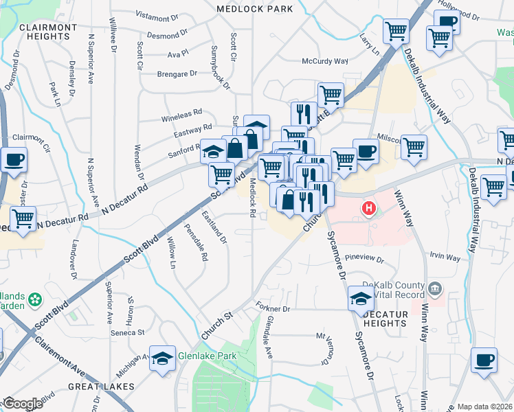 map of restaurants, bars, coffee shops, grocery stores, and more near 539 Medlock Road in Decatur