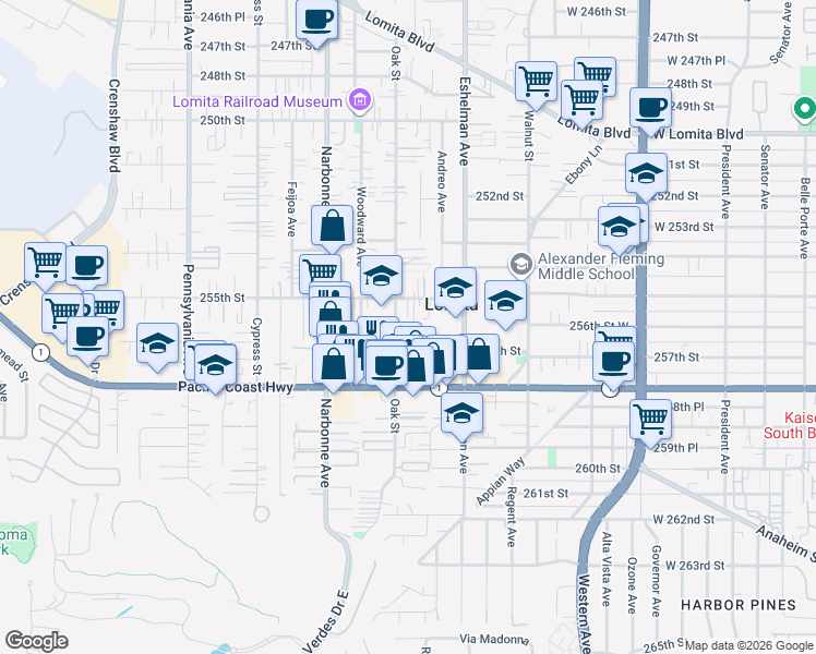 map of restaurants, bars, coffee shops, grocery stores, and more near 25512 Oak Street in Lomita