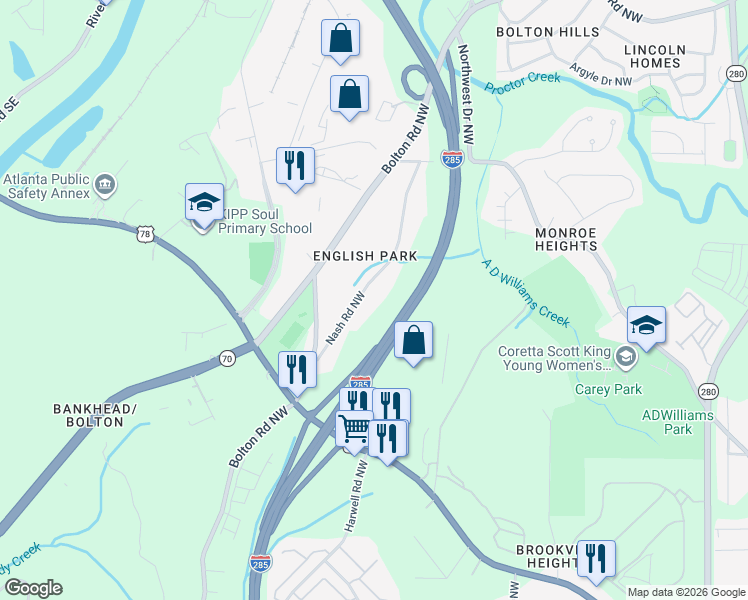 map of restaurants, bars, coffee shops, grocery stores, and more near 1349 Nash Road Northwest in Atlanta