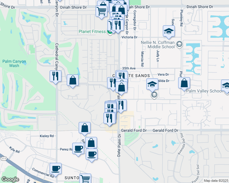map of restaurants, bars, coffee shops, grocery stores, and more near 35-325 Date Palm Drive in Cathedral City
