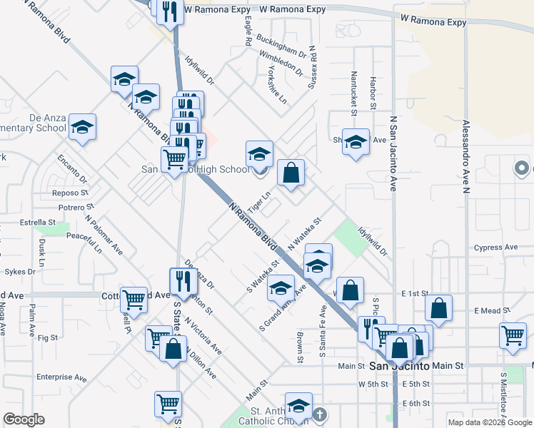 map of restaurants, bars, coffee shops, grocery stores, and more near 119 Tiger Lane in San Jacinto