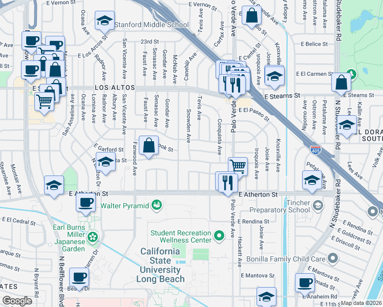 map of restaurants, bars, coffee shops, grocery stores, and more near 6200 East Fairbrook Street in Long Beach
