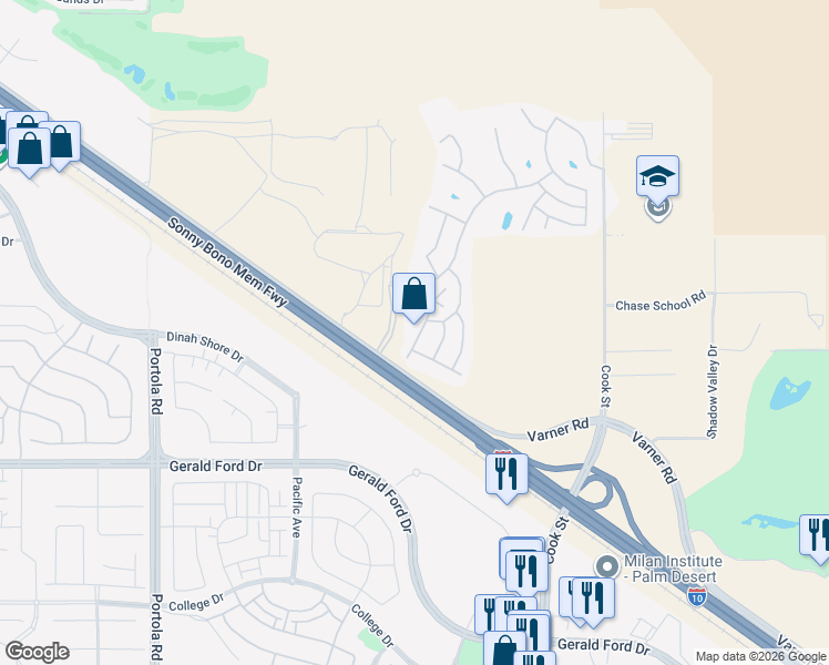 map of restaurants, bars, coffee shops, grocery stores, and more near 35249 Bandana Road in Thousand Palms