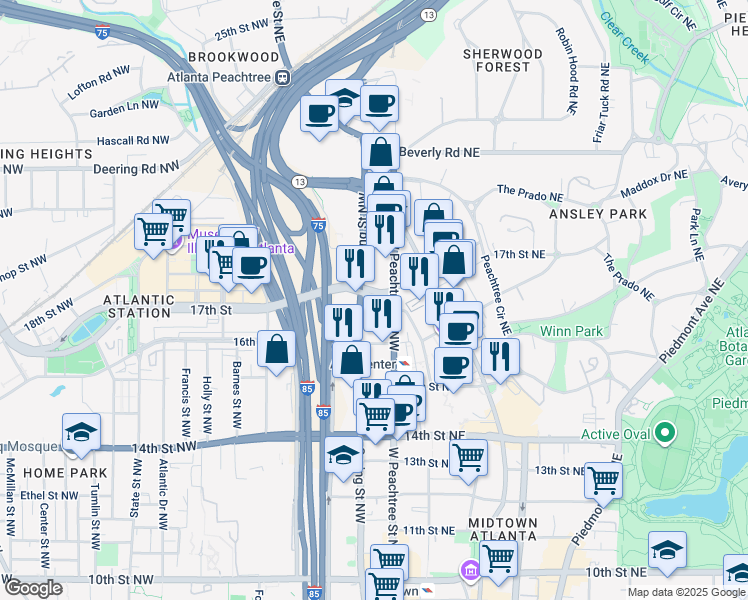 map of restaurants, bars, coffee shops, grocery stores, and more near in Atlanta