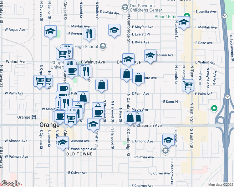 map of restaurants, bars, coffee shops, grocery stores, and more near 318 North Pine Street in Orange