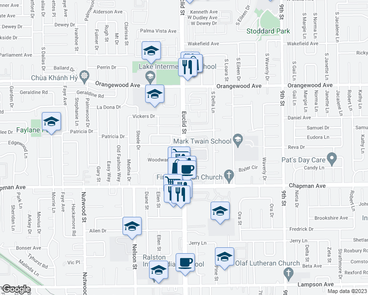 map of restaurants, bars, coffee shops, grocery stores, and more near 11750 South Euclid Street in Garden Grove