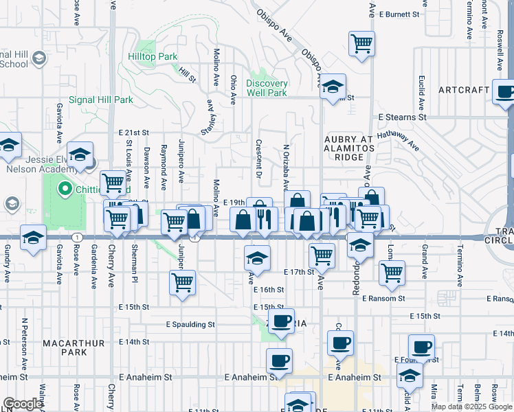 map of restaurants, bars, coffee shops, grocery stores, and more near 2877 East 19th Street in Signal Hill
