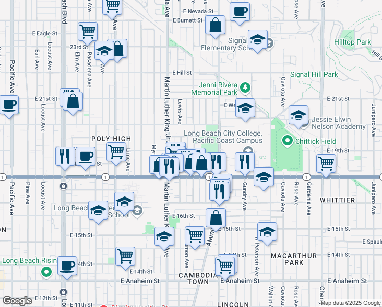 map of restaurants, bars, coffee shops, grocery stores, and more near 1920 Lewis Avenue in Long Beach
