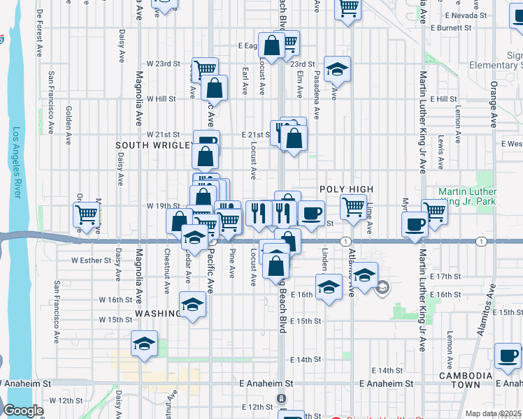 map of restaurants, bars, coffee shops, grocery stores, and more near 1916 Locust Avenue in Long Beach