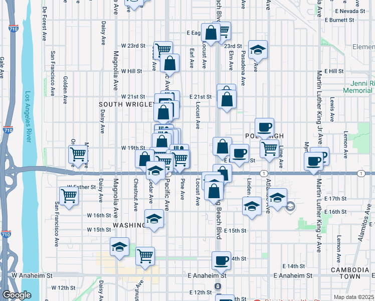 map of restaurants, bars, coffee shops, grocery stores, and more near 1907 Pine Avenue in Long Beach