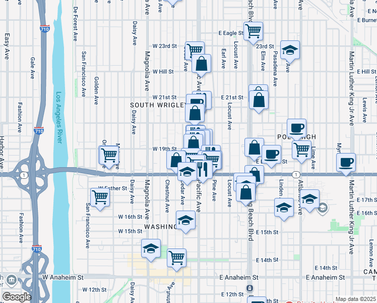 map of restaurants, bars, coffee shops, grocery stores, and more near 1915 Pacific Avenue in Long Beach
