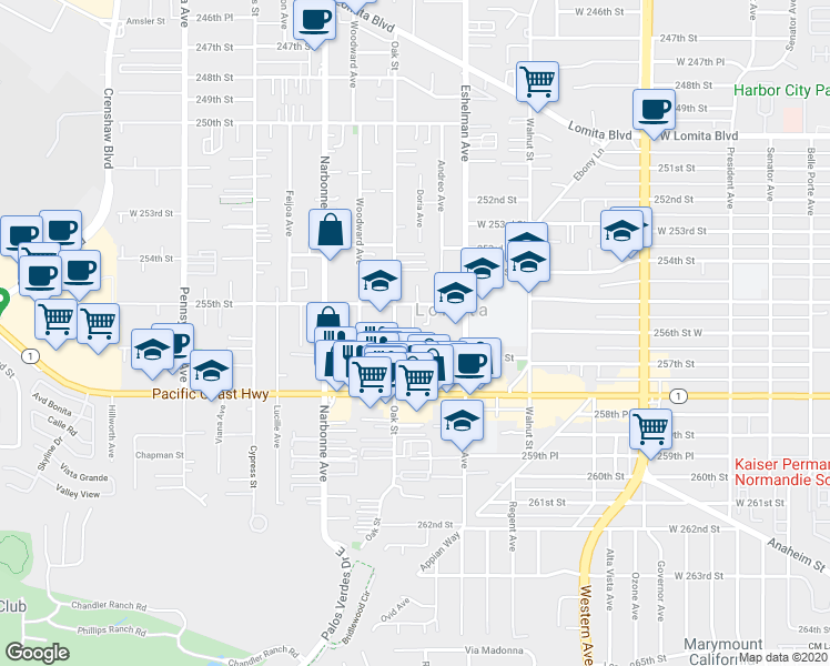 map of restaurants, bars, coffee shops, grocery stores, and more near 25512 Oak Street in Lomita