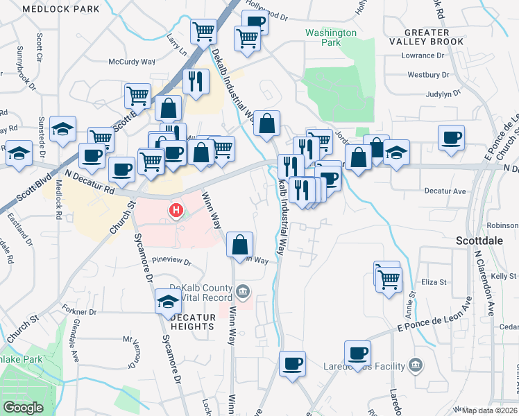 map of restaurants, bars, coffee shops, grocery stores, and more near 3105 Stratford Commons in Decatur